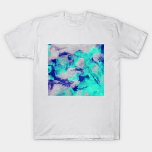 Abstract colorful background with hand-painted frozen texture. Watercolor blue-turquoise-grey painting with splashes, drops of paint, paint smears. Design for the fabric, wallpaper, cover, packaging. T-Shirt